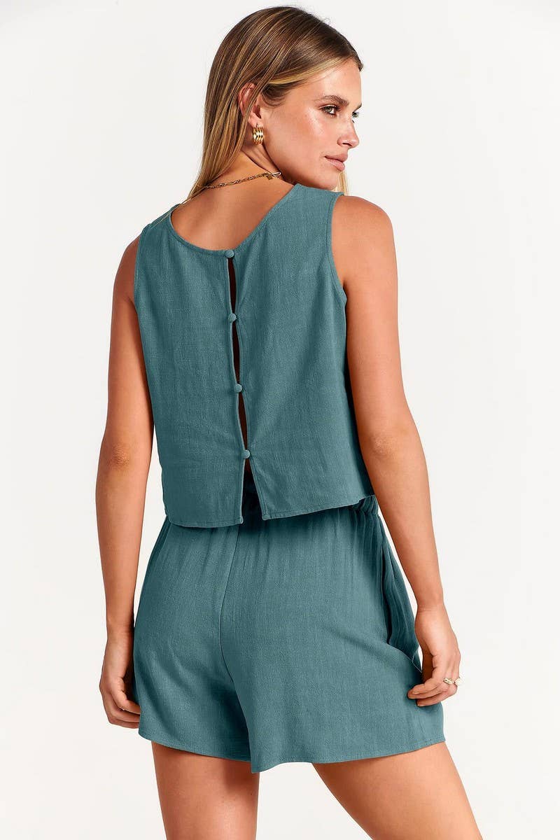 CWSTB1594_SOLID COLOR SLEEVELESS TOP SHORTS TWO PIECE SET