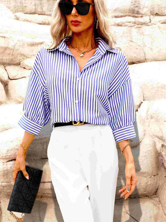 CASUAL HARBOR STYLE LAPEL MID-SLEEVE STRIPE SHIRT