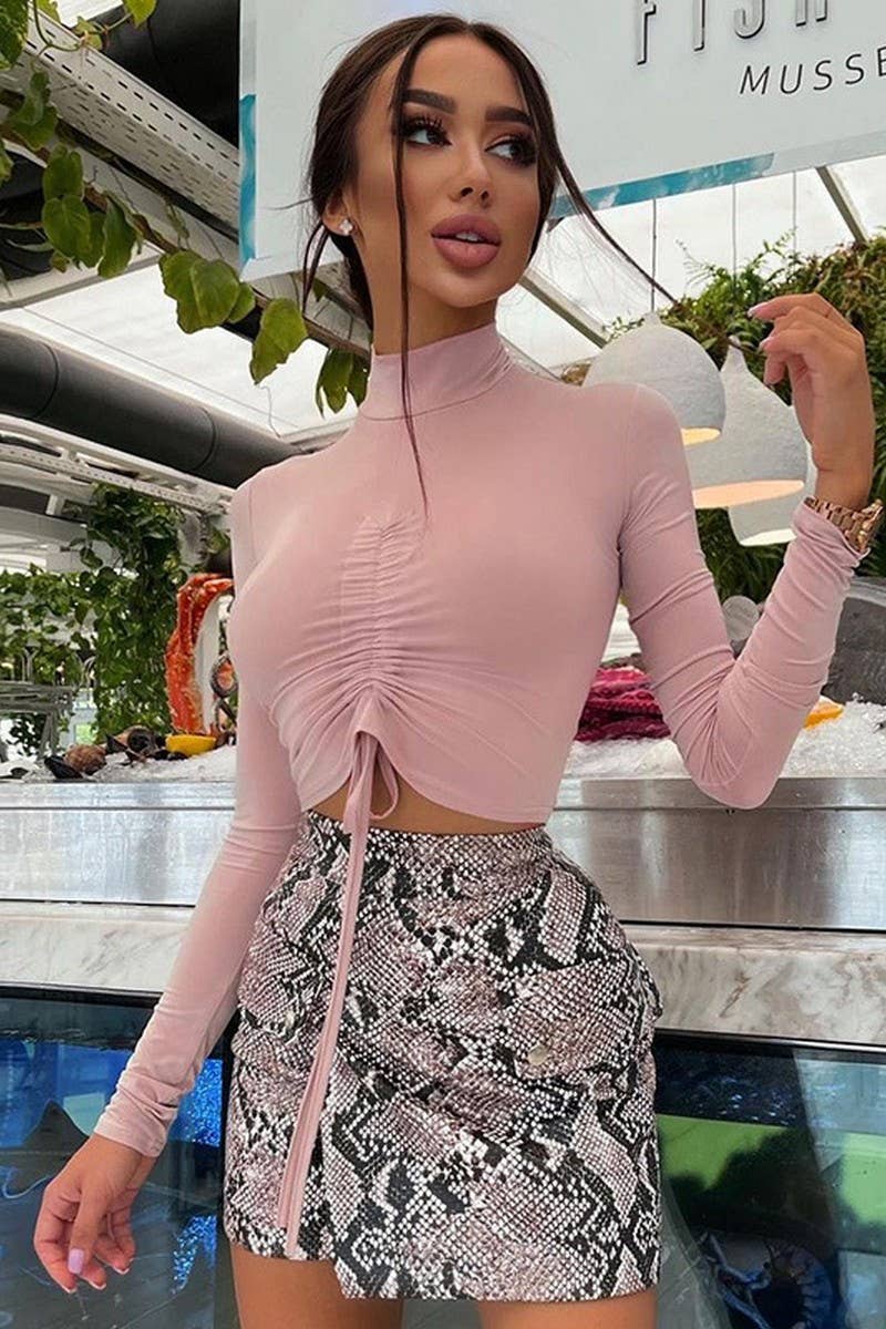 CWTBLL3773_PLEATED MIDRIFF-EXPOSED MOCK NECK LONG SLEEVE TOP