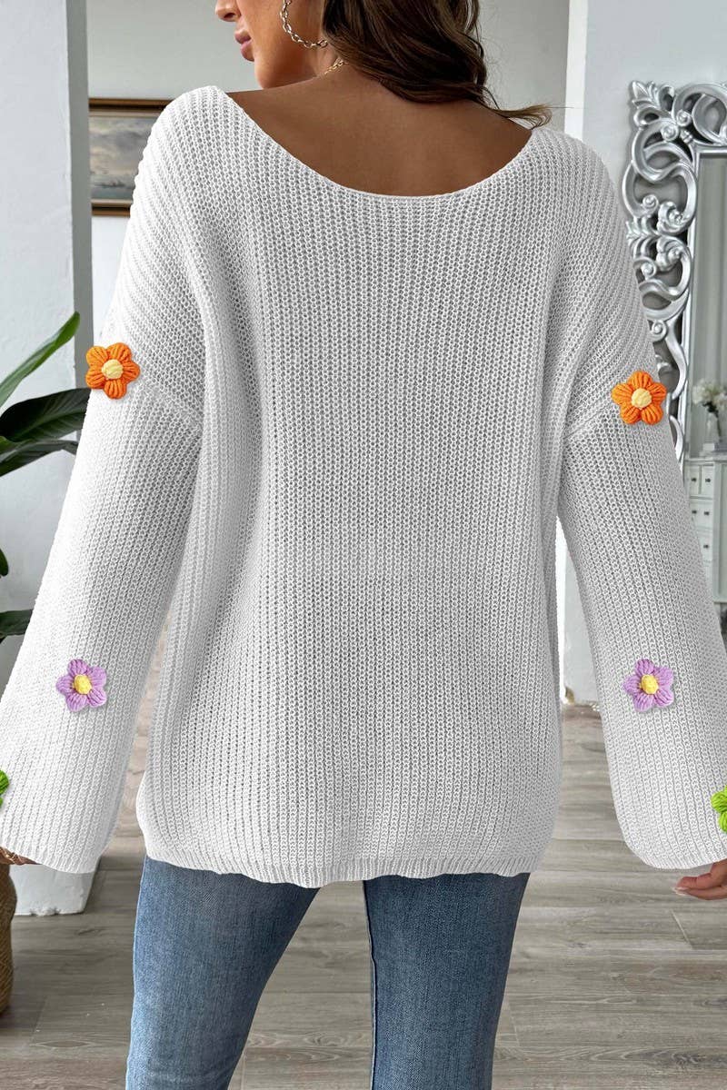 CWTTK00288_WOMEN OFF SHOULDER CROCHET FLOWER KNIT SWEATER