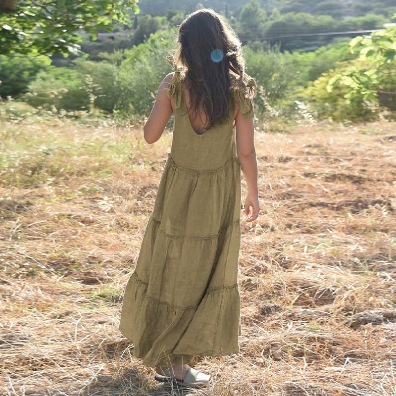 COTTON AND LINEN PATCHWORK LACE-UP DRESS