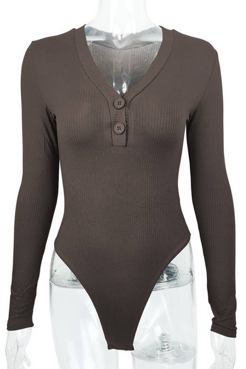 CWSBSL0150_COTTON RIBBED V-NECK BUTTON LONG SLEEVE BODYSUIT