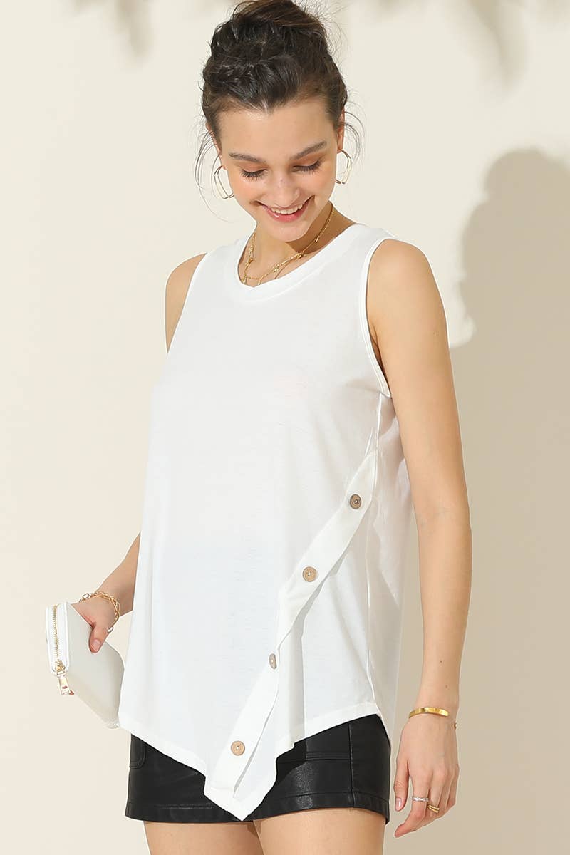 CWTTSL199_U NECK BOTTON SIDE BUTTON UP SLEEVELESS TOP