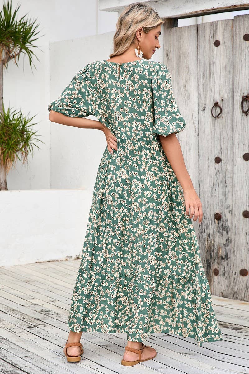 CWDMD4104_LOOSE ROUND NECK SHORT SLEEVE FLORAL DRESS