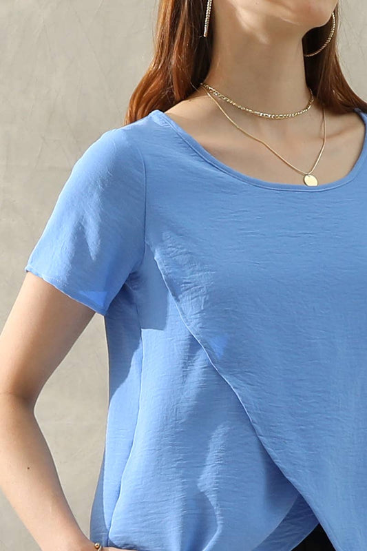 CWTBLS204_ROUND NECK SHORT SLEEVE TUNIC BLOUSE TOP