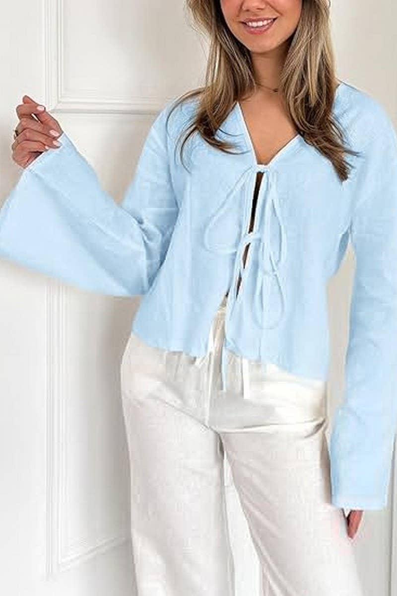 CWTBLL00693_SOLID COLOR DEEP V-NECK FLARED SLEEVE TOP