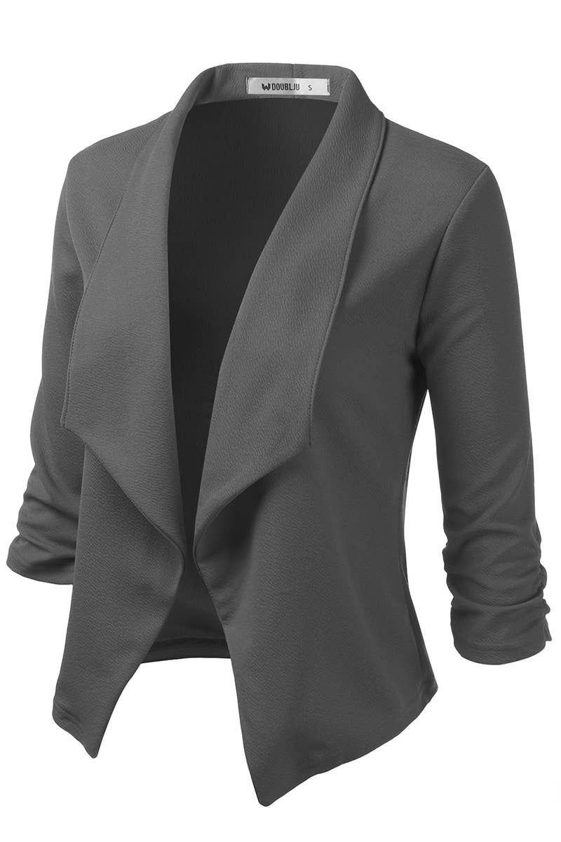 CWOBL091_Casual Work Ruched 3/4 Slv Open Front Blazer Jacket