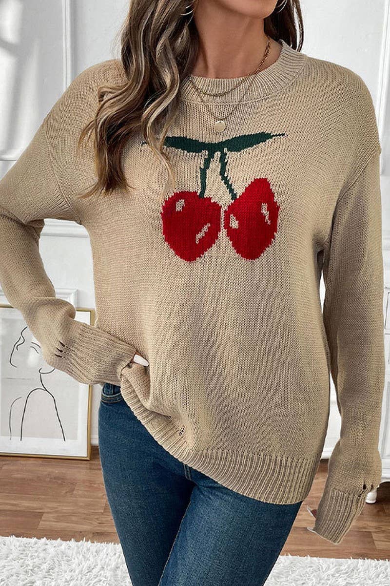 CWOSWL5913_CREW NECK CHERRY VALENTINE'S CHRISTMAS SWEATER