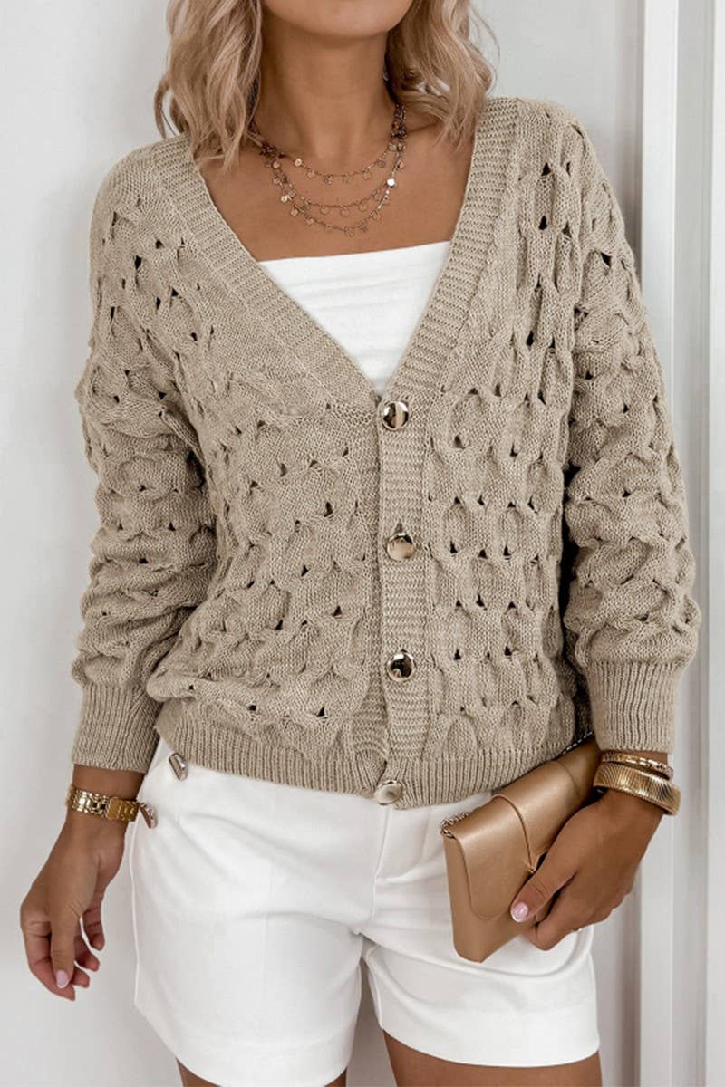 CWOCAL00707_LIGHTWEIGHT VINTAGE V NECK HOLLOW OUT CARDIGAN