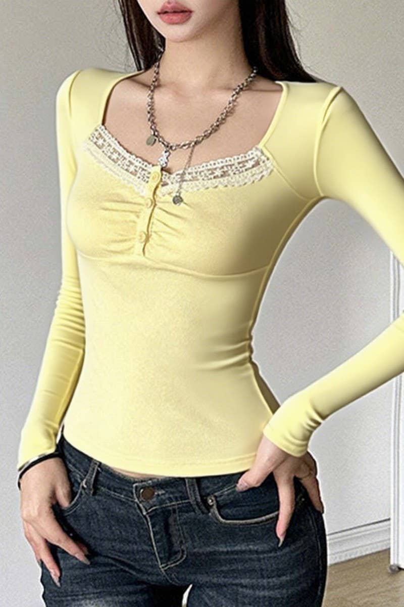 CWTBLL01047_LACE SLIM-FIT LONG-SLEEVED BOTTOMING T-SHIRT TOP