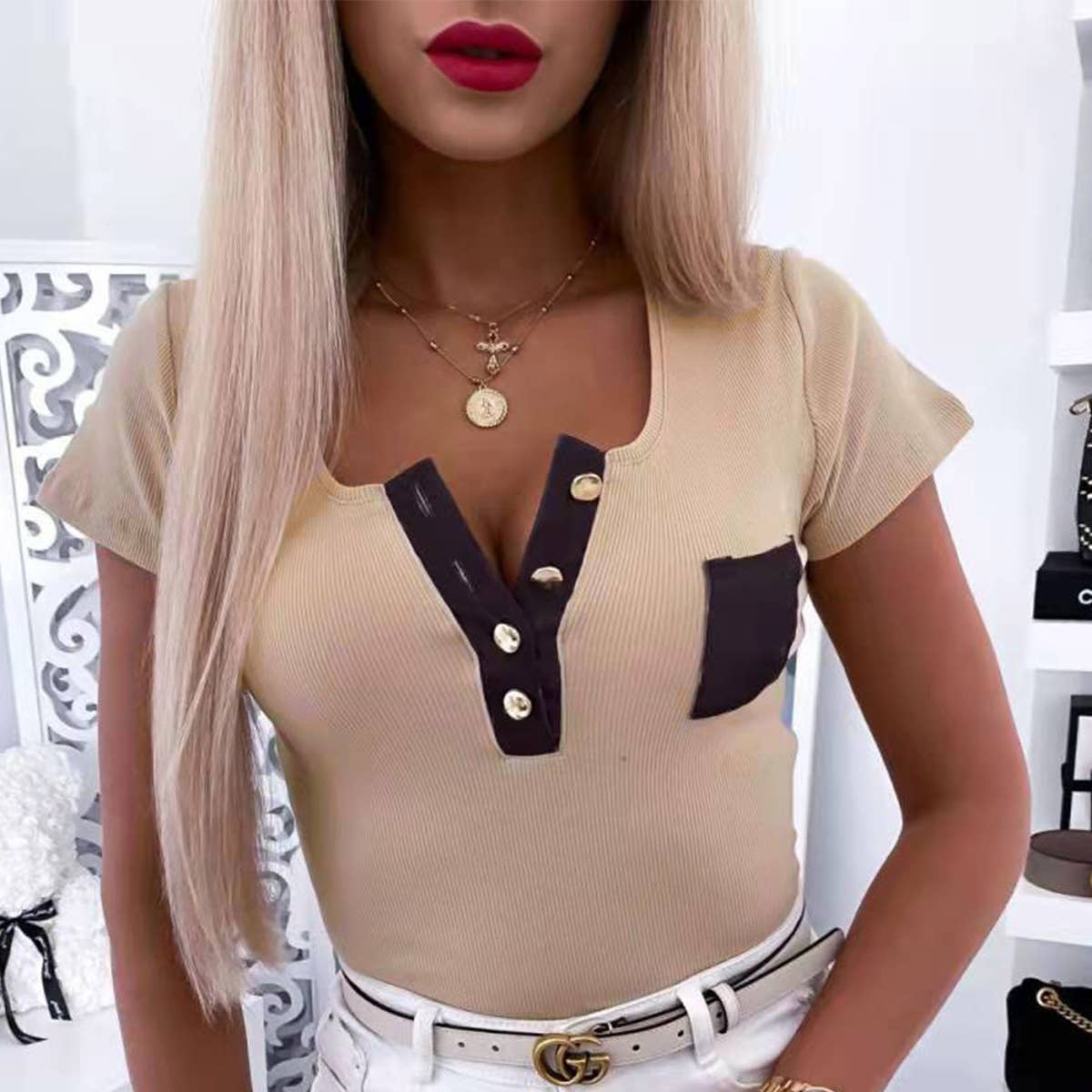 FASHION THREAD SLIM BUTTON T-SHIRT BLOUSE