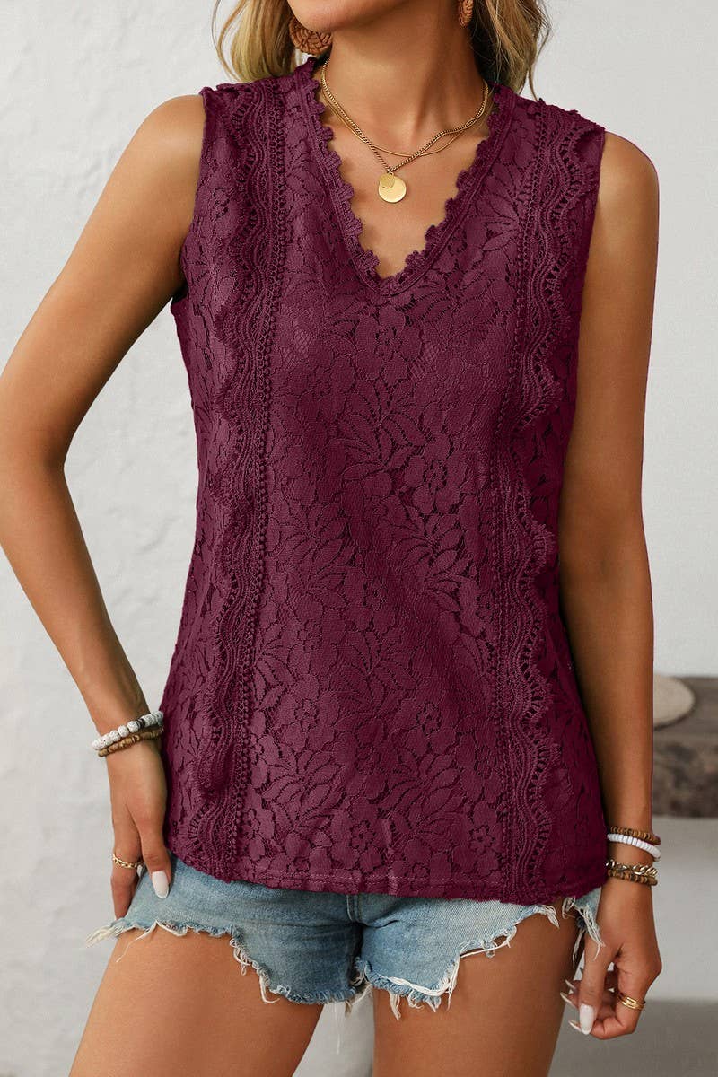 CWTBLSL0672_V-NECK LACE SLEEVELESS VEST TOP