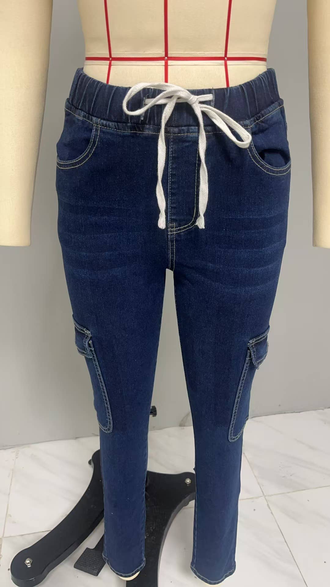 DENIM LACE-UP ELASTIC-WAIST STRETCH DENIM TIGHTS