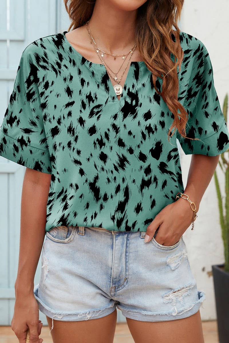 CWTBLS0346_V-Neck Short Sleeve Print Top