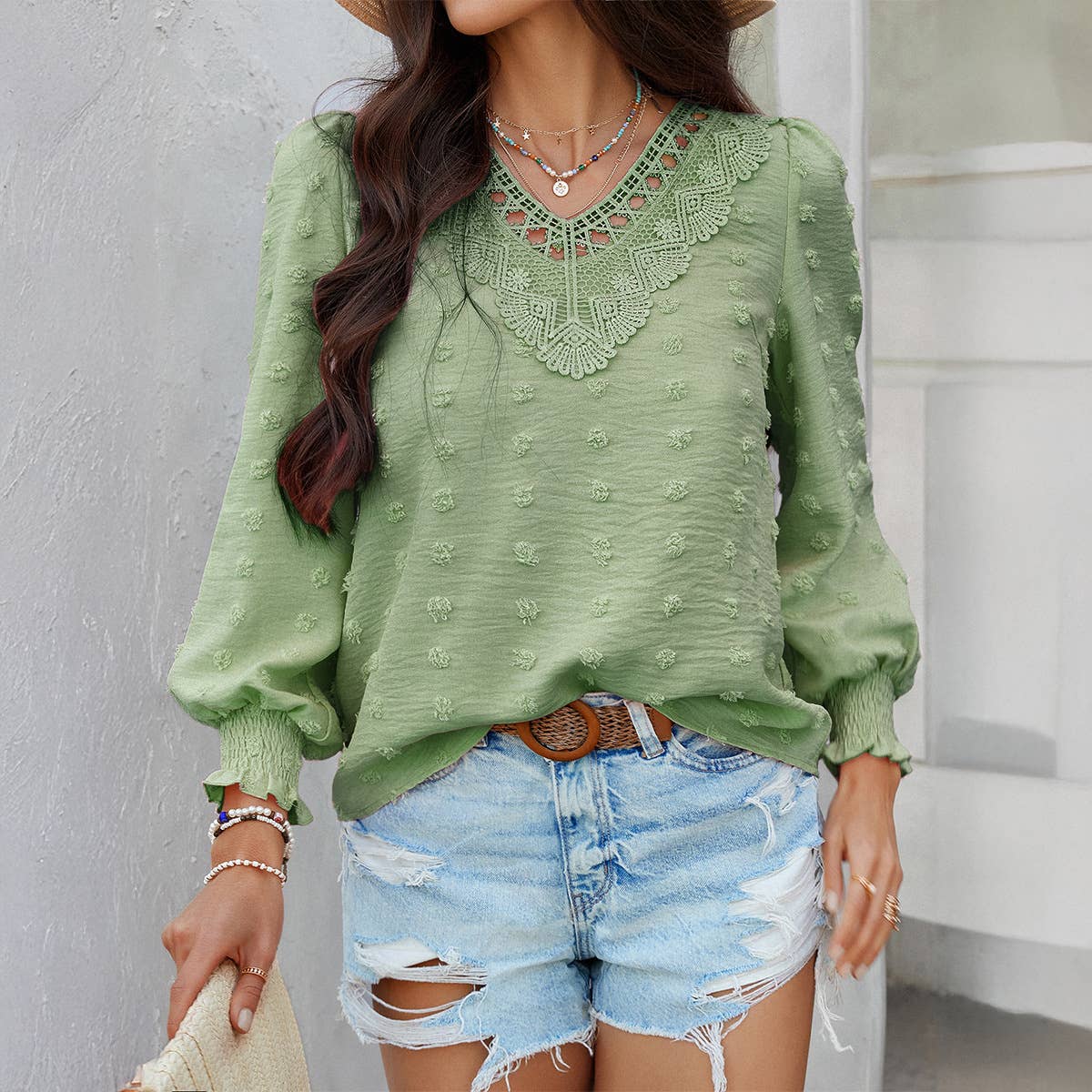 Casual jacquard long-sleeved V-neck olive shirt