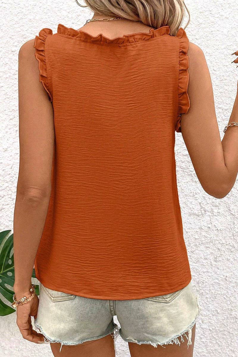 CWTTK0807_SOLID COLOR V-NECK RUFFLE SLEEVELESS TANK TOP