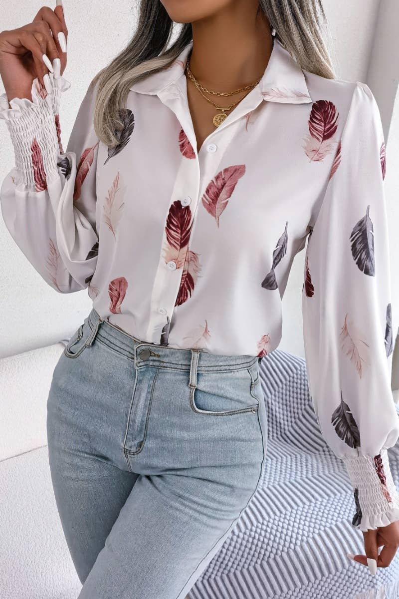 CWTSTL1206_SUMMER CASUAL FEATHER PRINT LONG-SLEEVED SHIRT