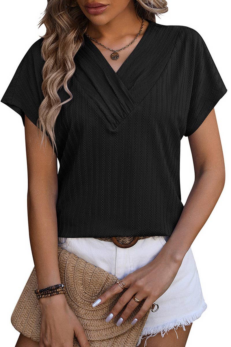 CWTBLS0916_V-NECK CHAIN JACQUARD TOP SHORT SLEEVE