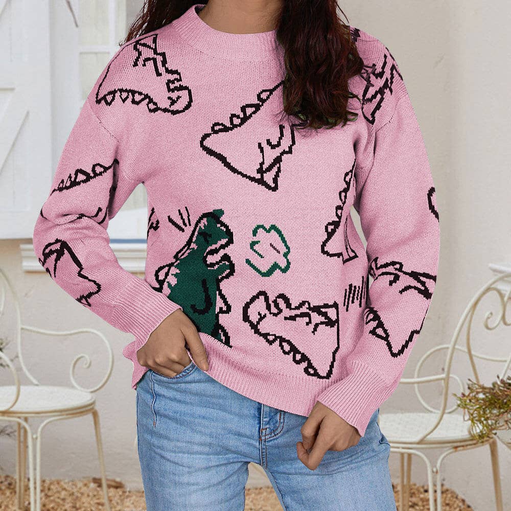 CREW-NECK LOOSE CARTOON DINOSAUR SWEATER