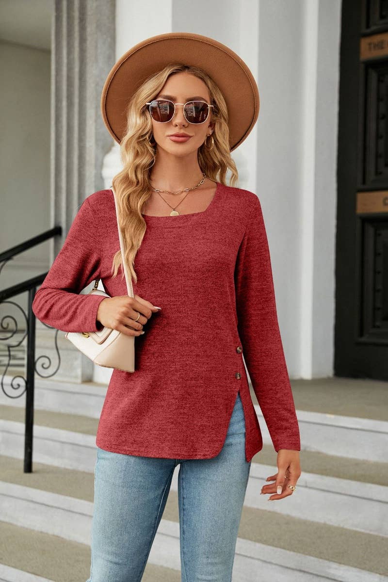 CWOSWL6536_WINTER SQUARE NECK LONG SLEEVE SPLIT TOP