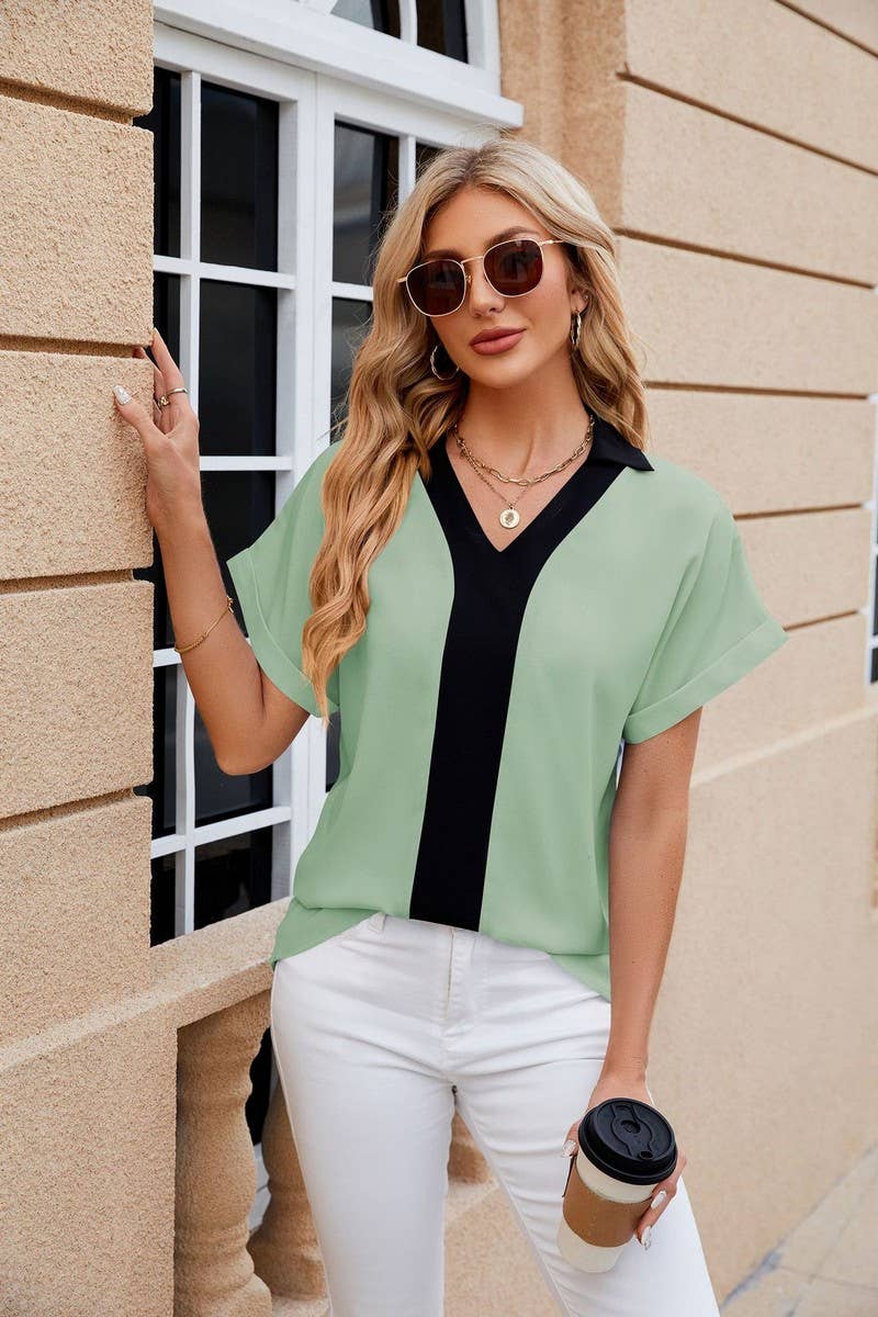 CWTBLS0440_V-Neck Short Sleeve Blouse