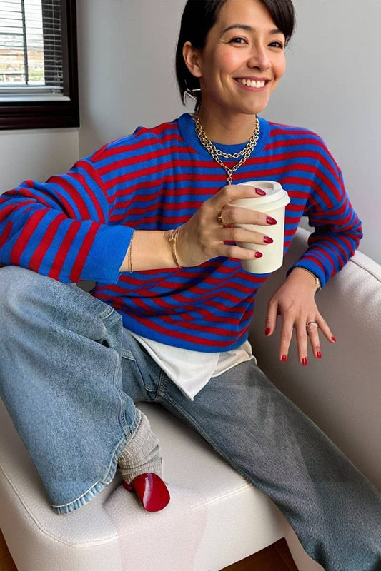 CWOSWL07505_CASUAL LOOSE STRIPED LONG SLEEVE KNIT TOP