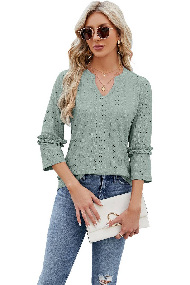 CWTTS0763_3/4 Sleeve Ruffle Detailed V-Neck  Blouse