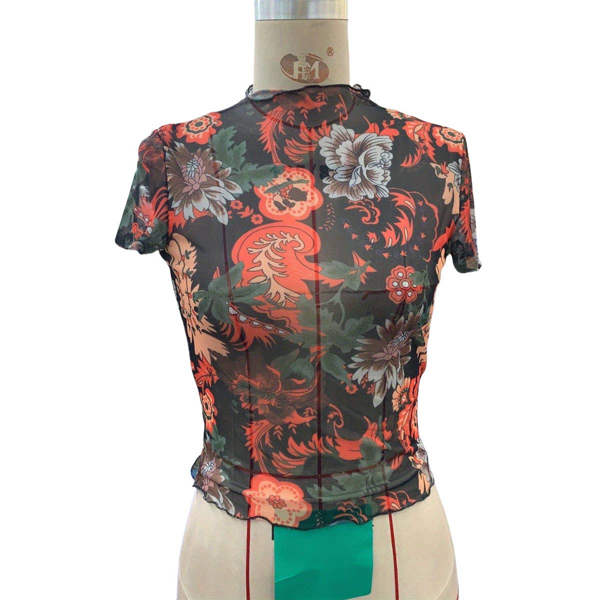 SEMI SHEER MESH  FLORAL PRINT SHORT SLEEVED TOP