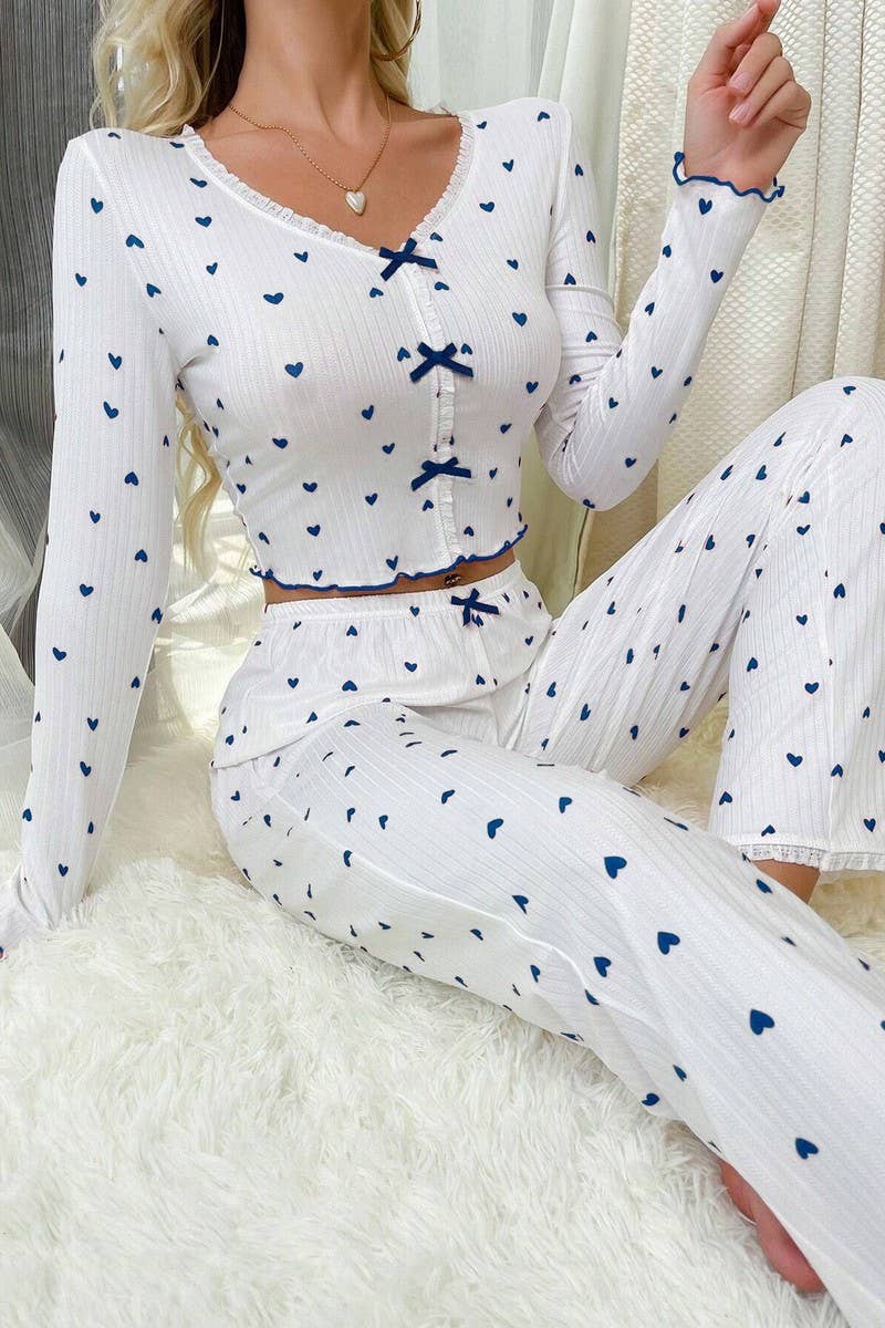 CWSPJ00492_HEART PRINT V NECK LONG SLEEVE PAJAMA SET