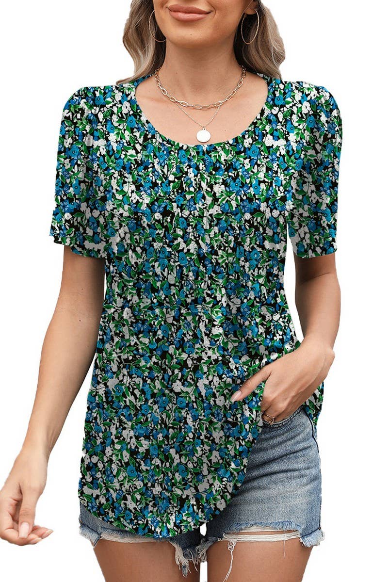 CWTBLS1724_LOOSE CREW NECK PLEATED PRINT SHORT SLEEVE TOP