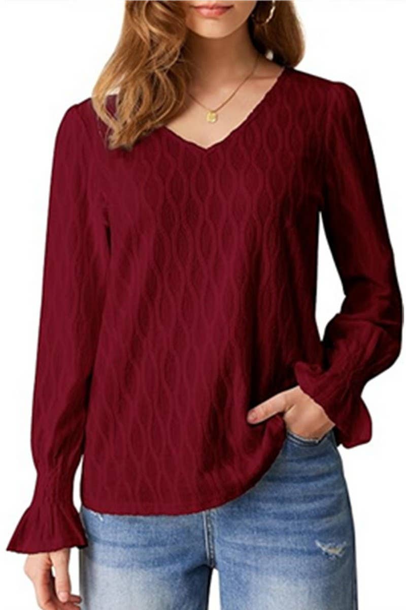 CWTBLL2863_SOLID COLOR V-NECK LONG-SLEEVED T-SHIRT TOP