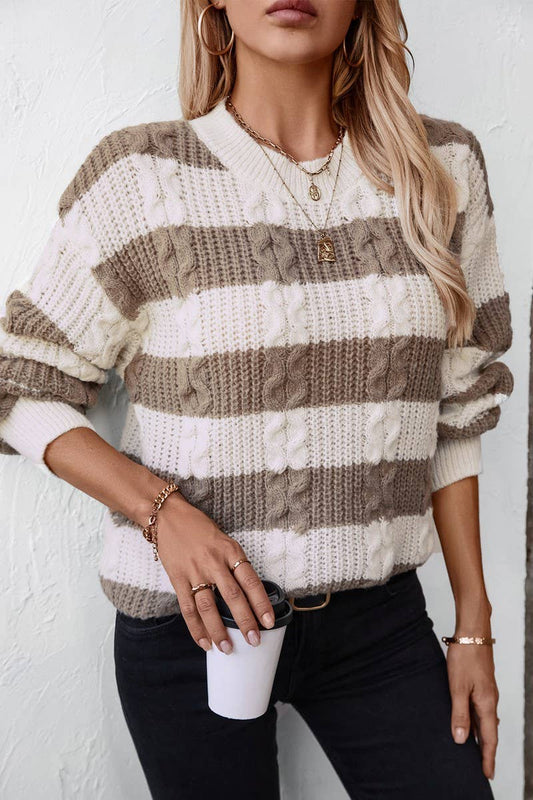 CWOSWL2917_PULLOVER STRIPED LOOSE CABLE KNIT SWEATER