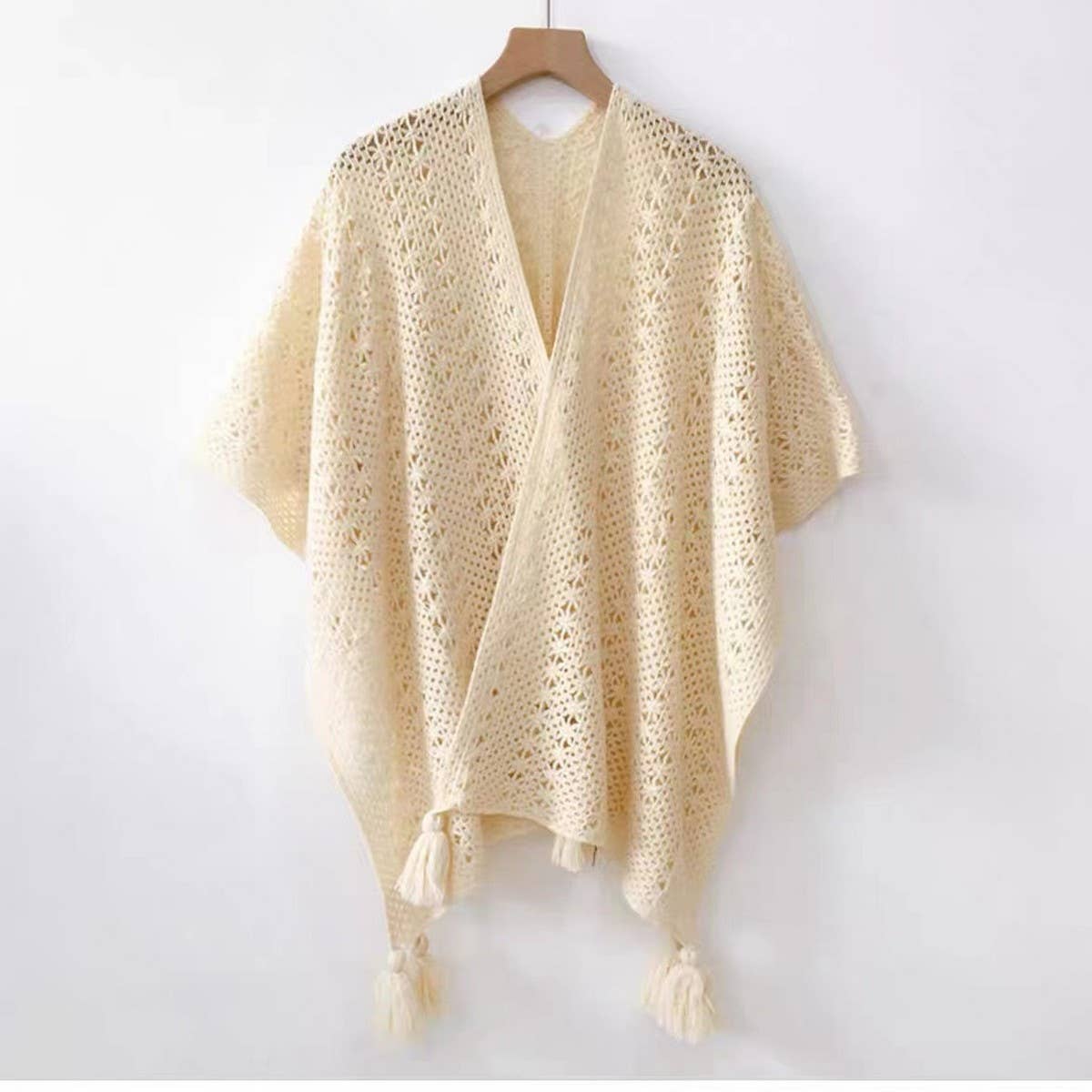 CWASC1795_VINTAGE HOLLOW KNITTED TASSEL SLIT SHAWL