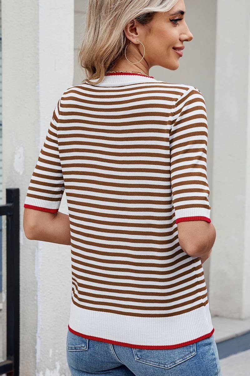 CWTBLS02495_STRIPED KNITTED ICE SILK SHORT-SLEEVED TOP