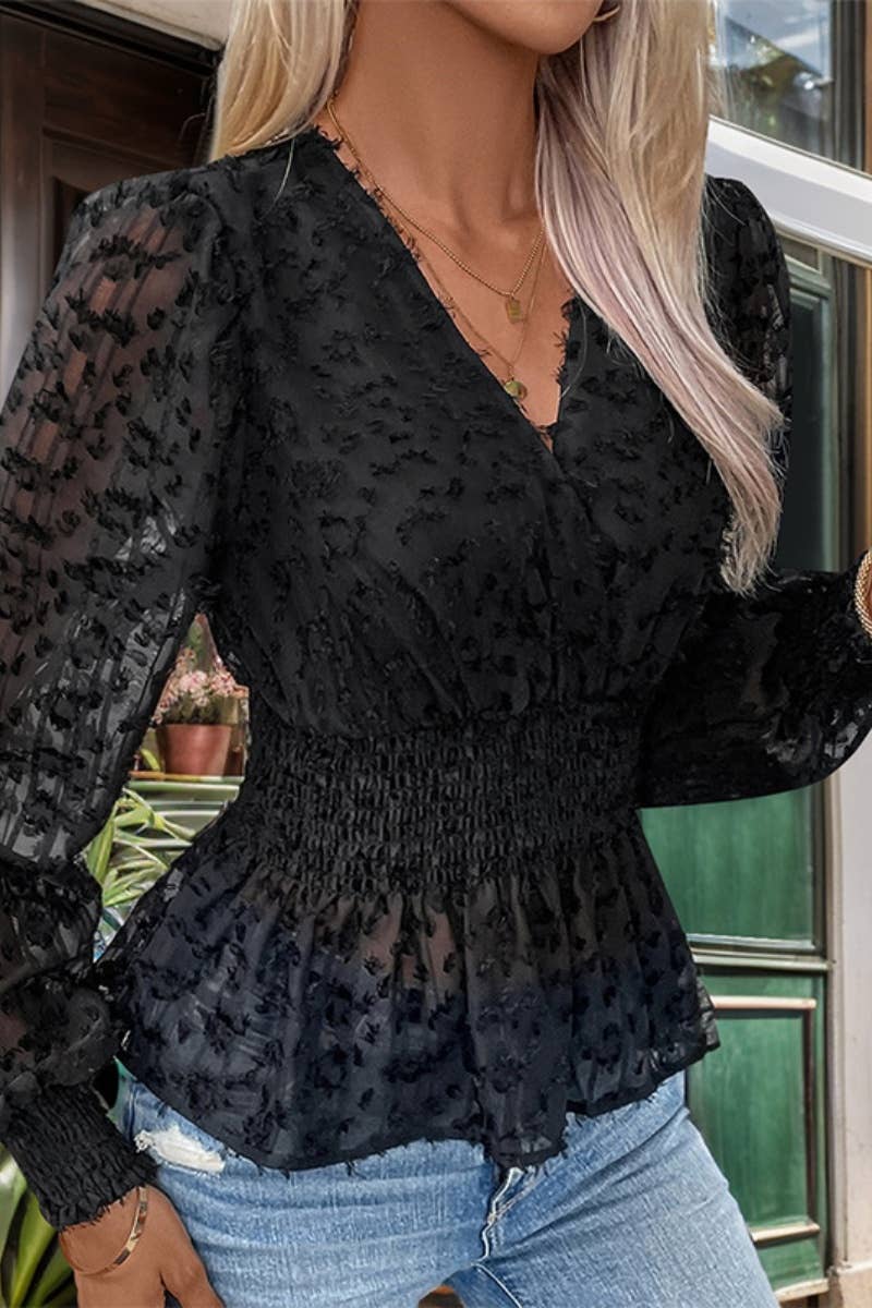 CWTBLL2930_WAIST LONG SLEEVE GAUZE SEE-THROUGH TOP