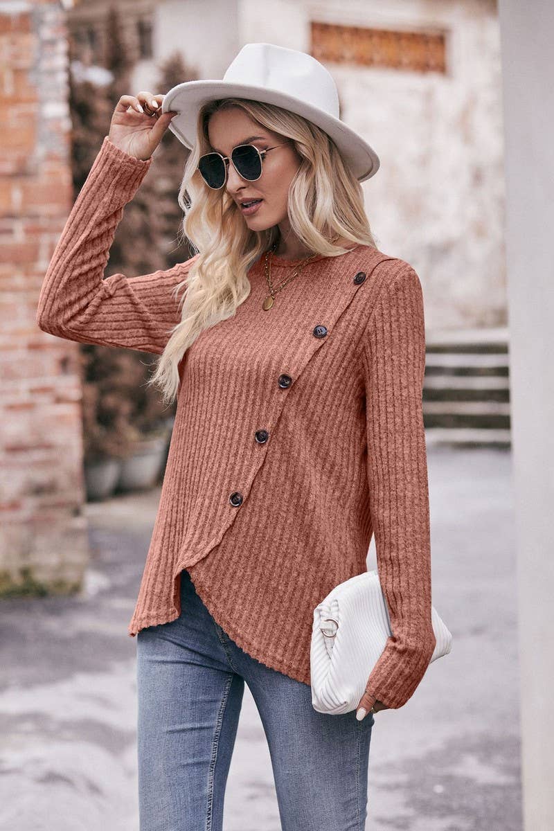 CWTBLL1830_SOLID COLOR ROUND NECK RIBBED HEM BUTTON T-SHIRT