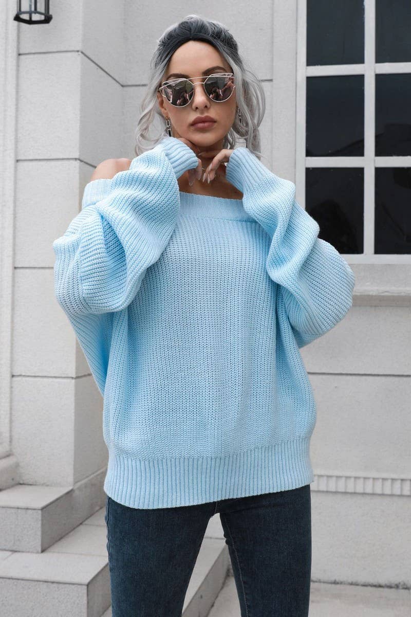 CWOSWL3882_OFF-SHOULDER LONG-SLEEVED KNITTED SWEATER