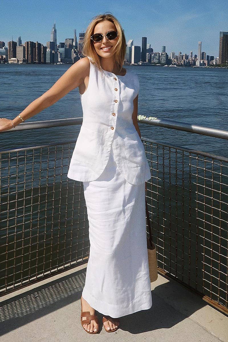 CWSS1141_LINEN SLEEVELESS TANK TOP & HIGH WAIST SKIRT SET