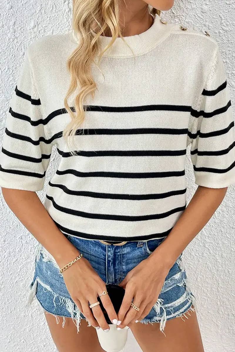 CWTTS1309_STRIPED FASHION ROUND NECK SHORT SLEEVE SWEATER