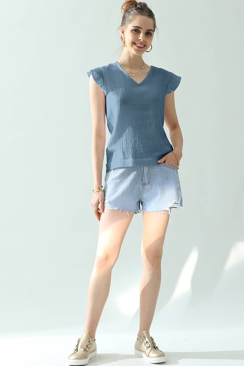 CWTTS688_V NECK BUTTERFLY RUFFLE TUNIC TOP