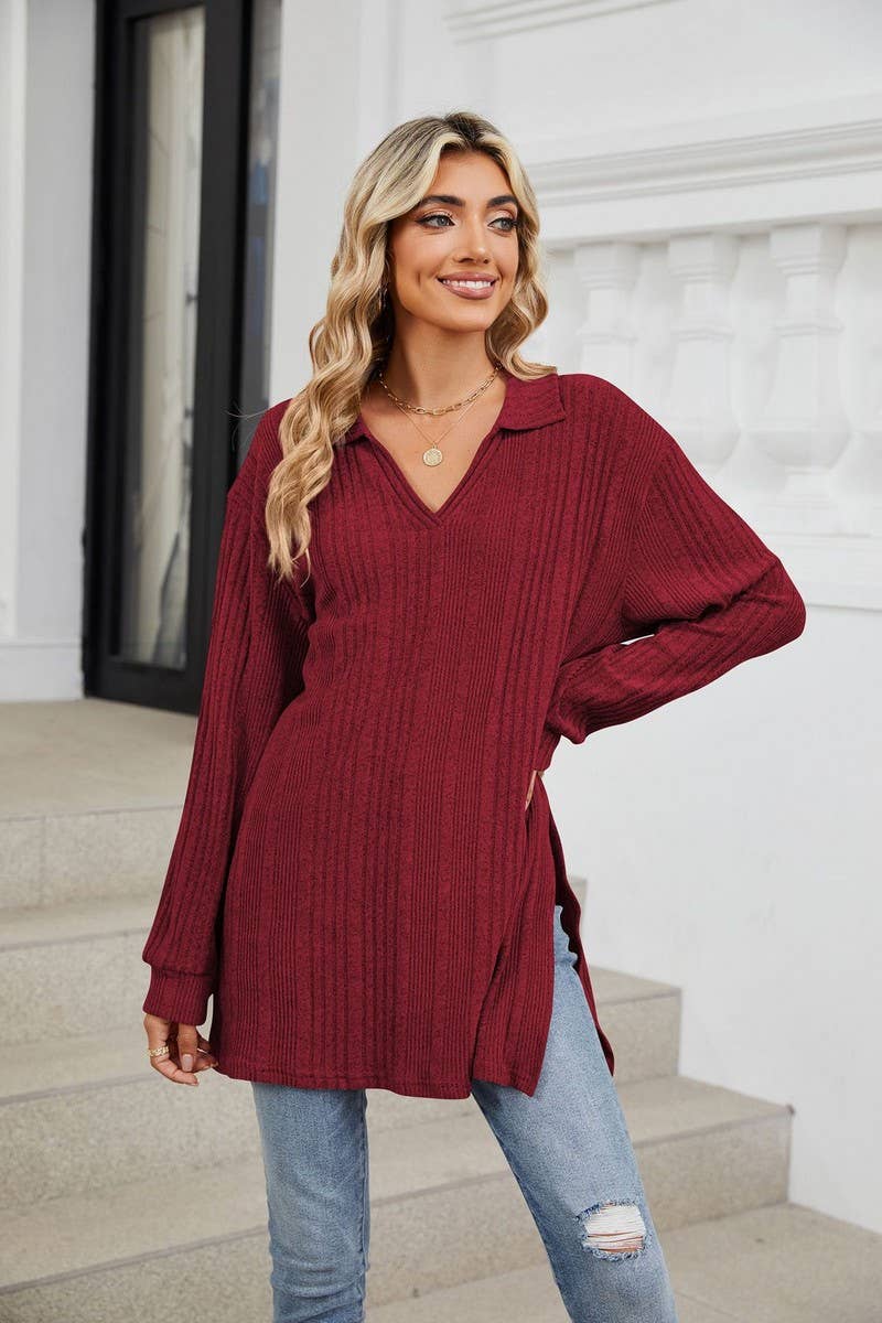 CWTBLL2351_SOLID COLOR V-NECK LONG SLEEVE SLIT T-SHIRT TOP