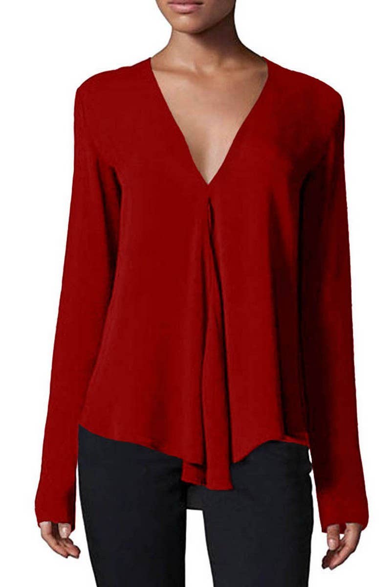 CWTBLL3869_SOFT V-NECK FLOWY PULLOVER SOLID LOUNGE BLOUSE