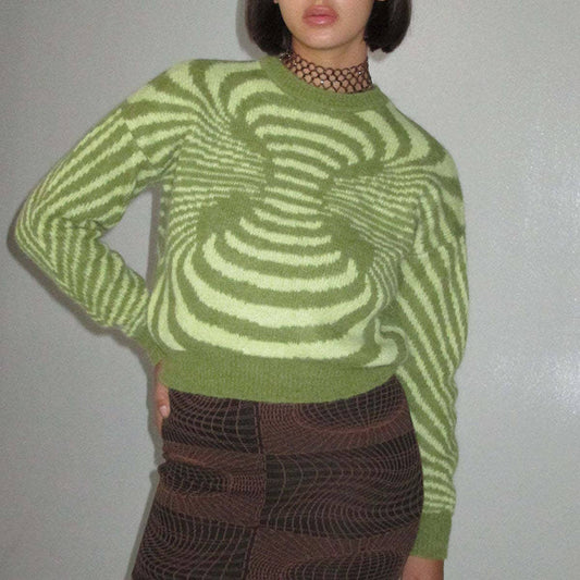 CREW-NECK STRIPED LONG-SLEEVED SHORT SWEATE