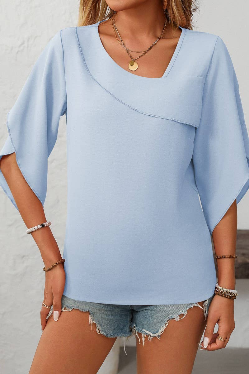 CWTBLS1711_CASUAL OBLIQUE V-NECK CHIFFON BUD SLEEVE TOP