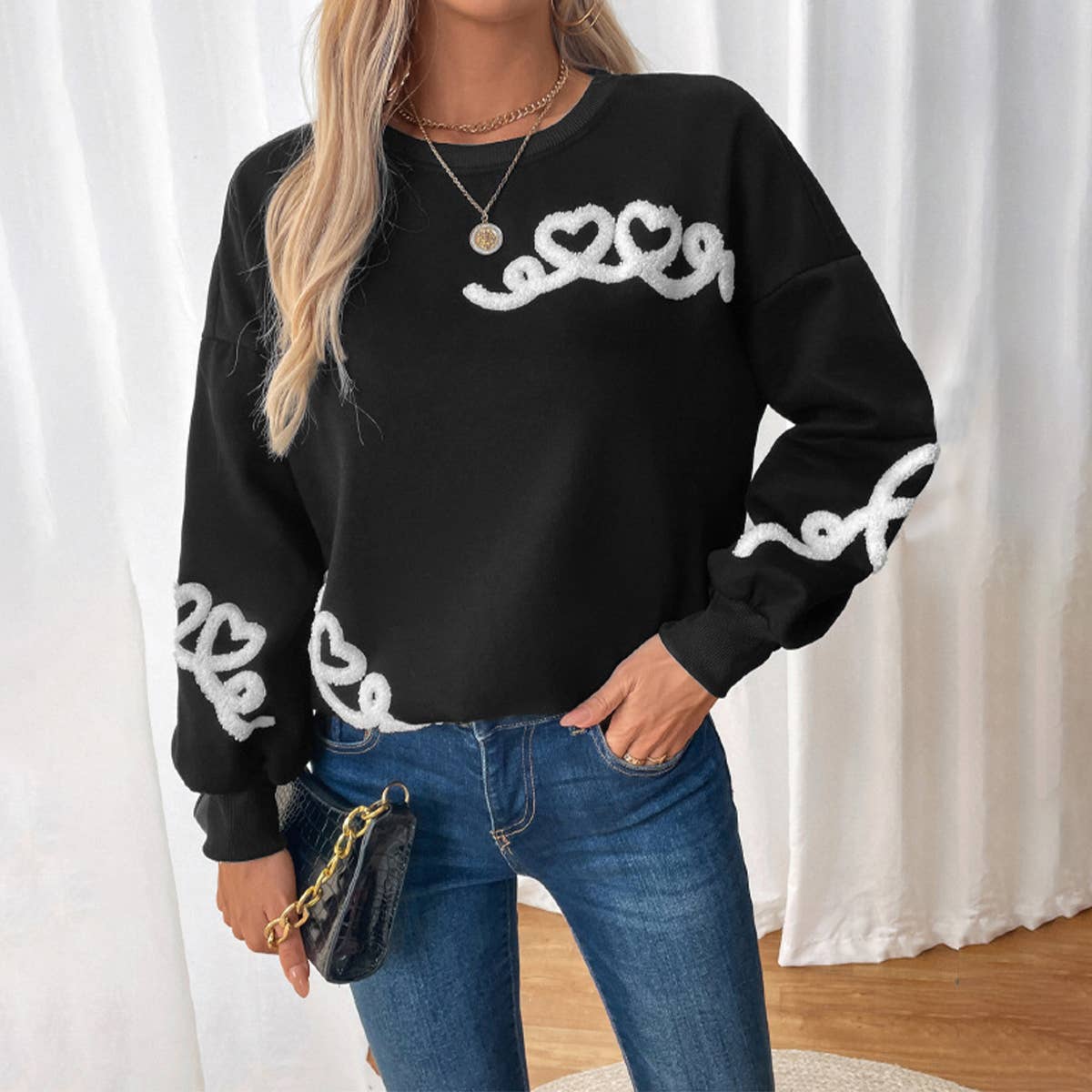 Casual crew neck pullover embroidered towel hoodie