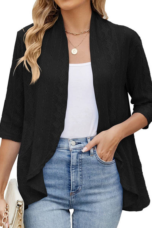 CWOCAL2309_SOLID RUFFLE HEM 3/4 SLEEVE CASUAL CARDIGAN