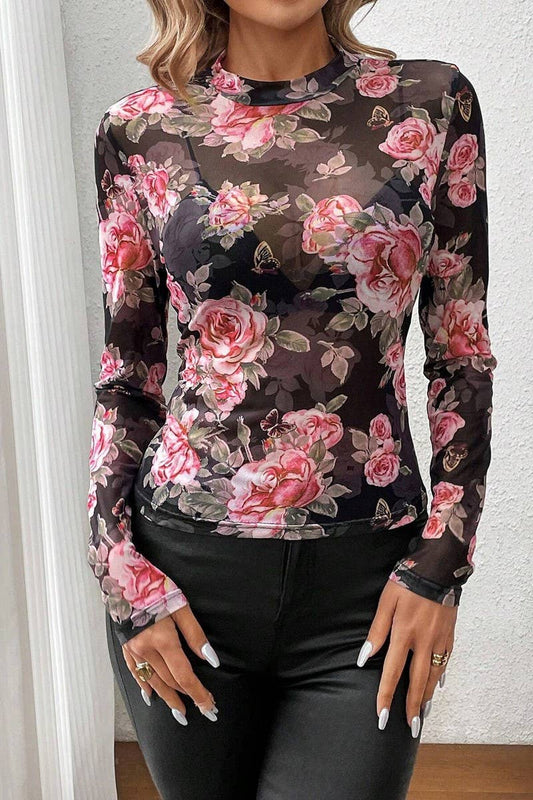 CWTBLL3479_FLORAL PRINT SMALL STAND COLLAR MESH SLIM FIT TOP