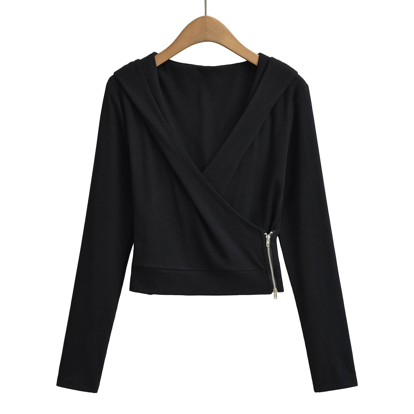 Design cross-V-neck zipper hooded sweatshirt