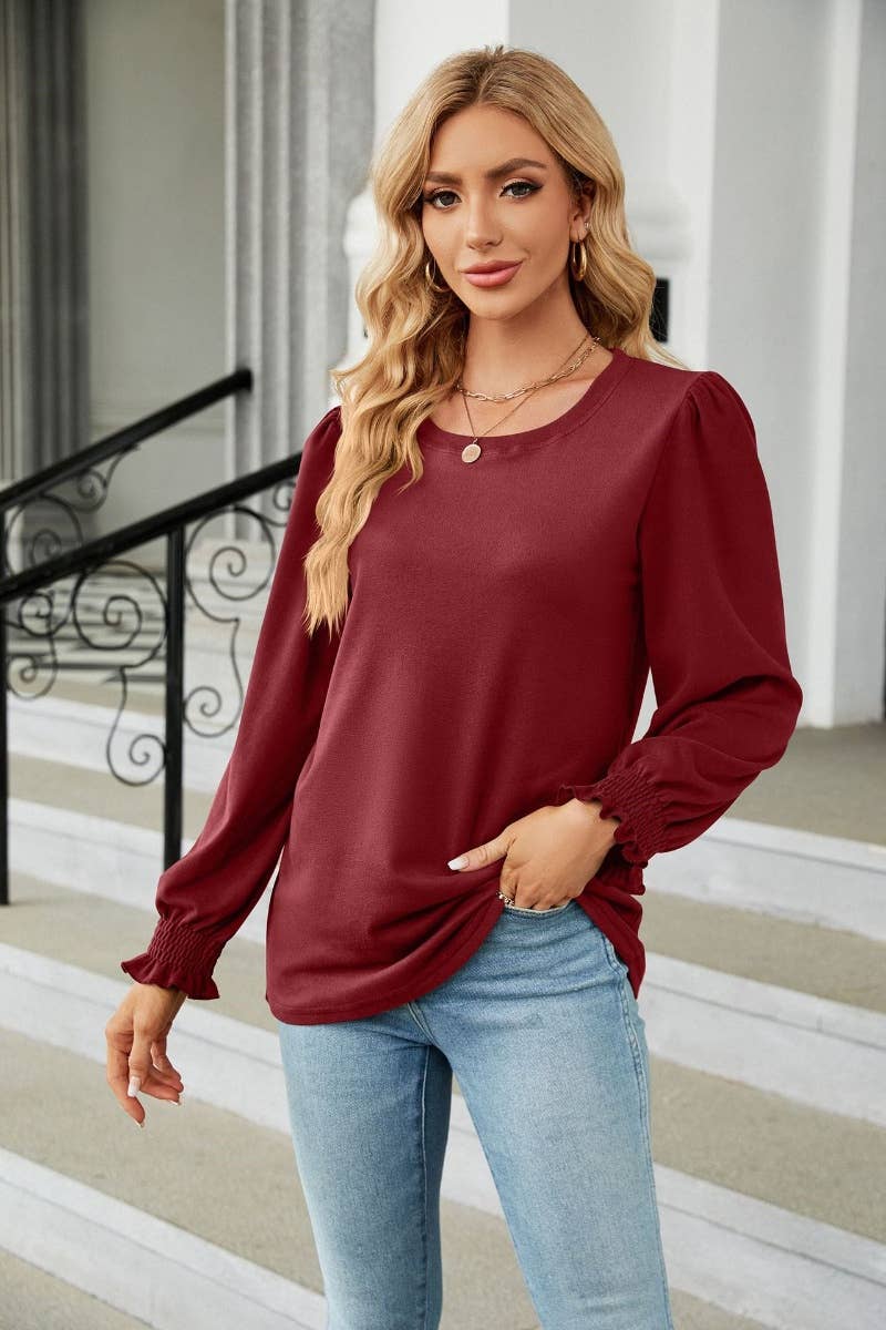 CWTBLL2800_AUTUMN CREW-NECK SOLID COLOR LONG-SLEEVED TOP