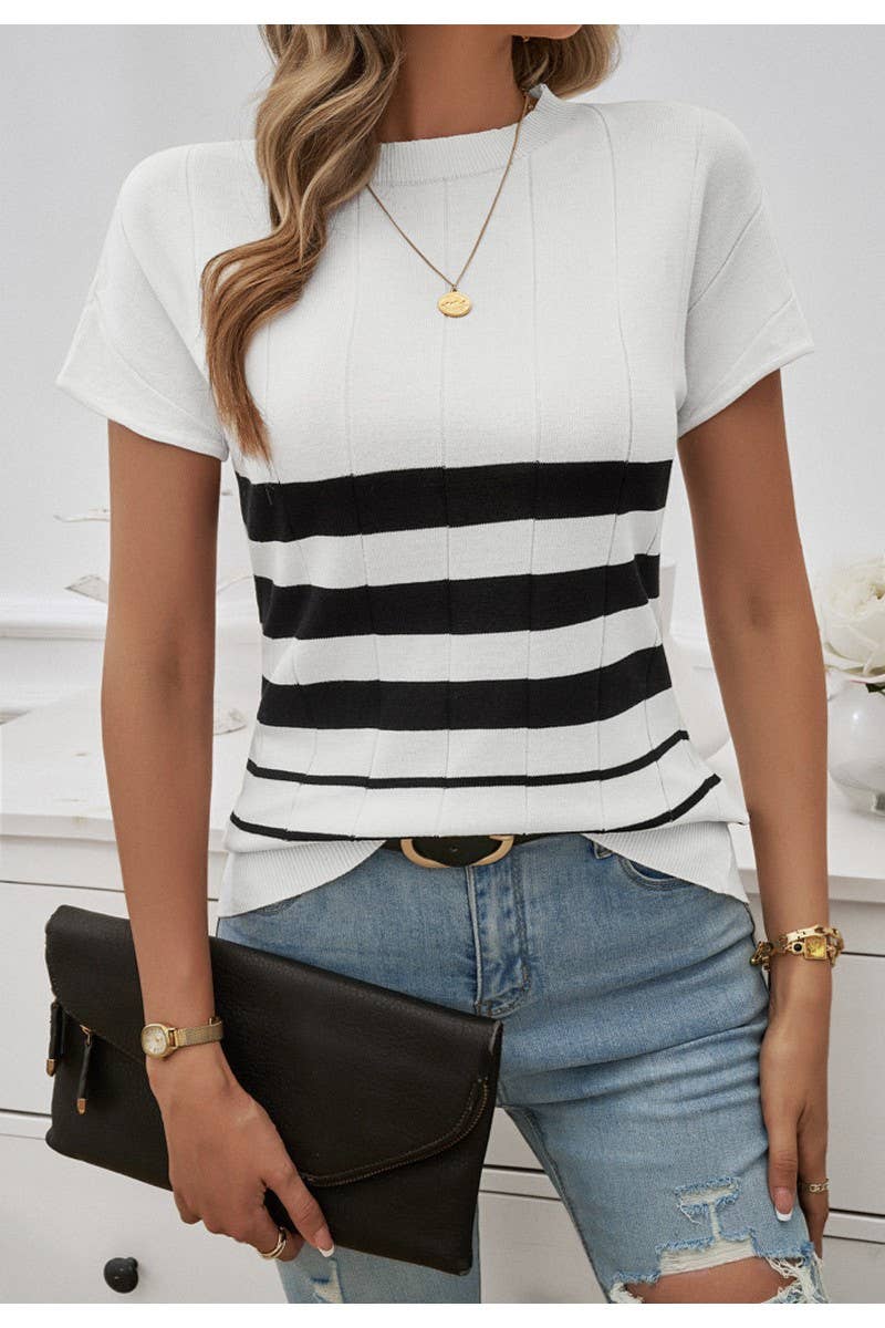 CWTTSL0265_Elegant Crew Neck Short Sleeve Knit Top